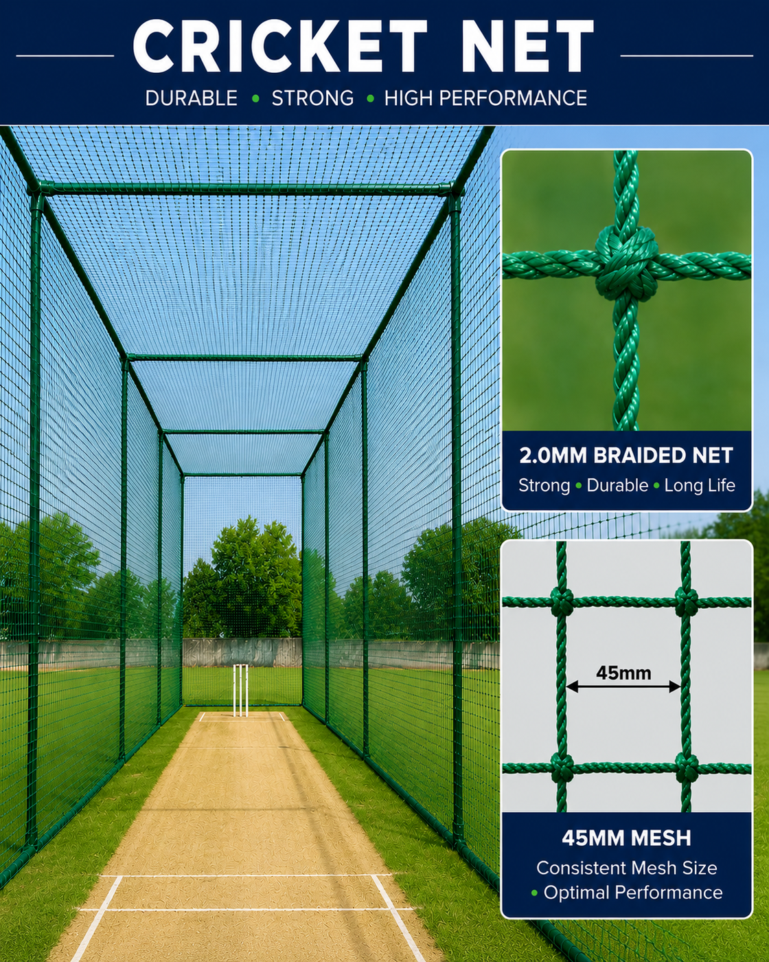 Cricket Practice Net - Heavy Duty, Thick Braided, 45mm mesh net