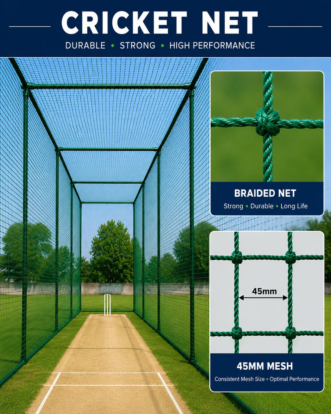 Cricket Practice Net - Heavy Duty, Thick Braided, 45mm mesh net